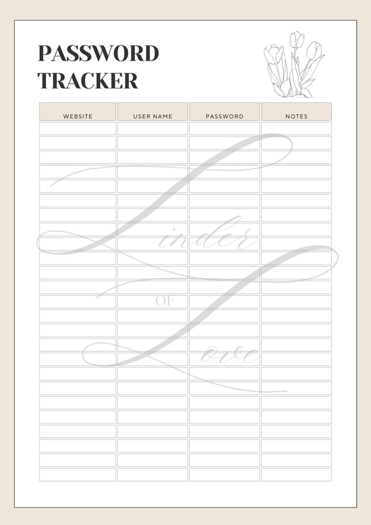 Password Tracker Printable PDF