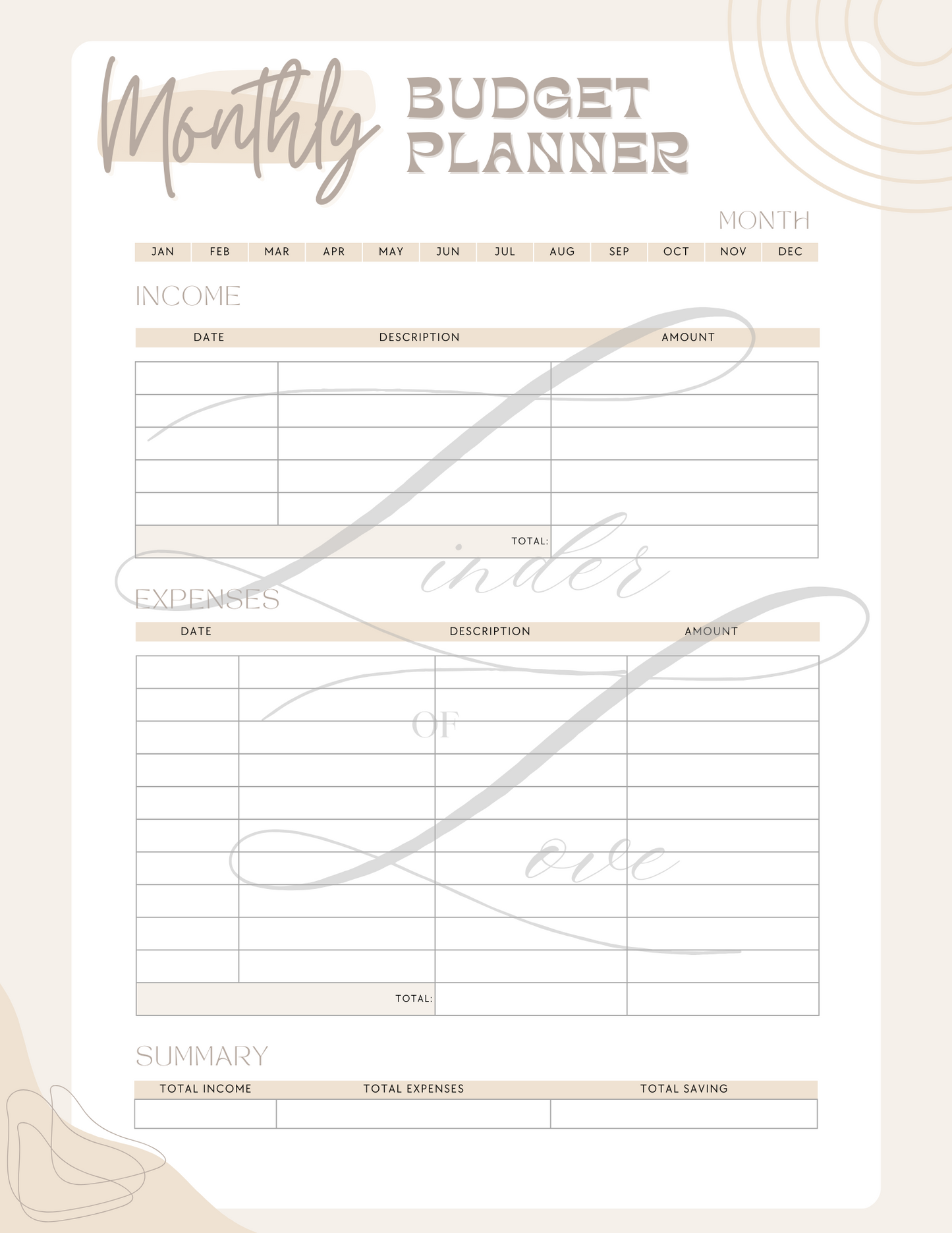 Minimalist Monthly Budget Planner Printable PDF